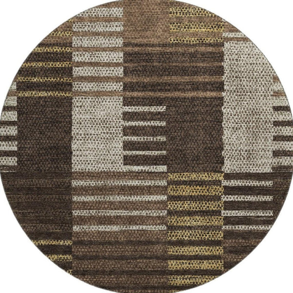HomeRoots 8' Chocolate Beige & Gold Striped Round Rug - Washable, UV-Protected & Stain-Resistant for Homes 675657