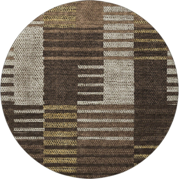 HomeRoots 8' Chocolate Beige & Gold Striped Round Rug - Washable, UV-Protected & Stain-Resistant for Homes 675657