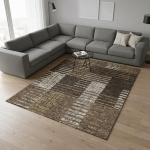 HomeRoots 8' X 10' Washable Area Rug in Chocolate, Beige & Gold Stripes - UV Protected, Durable & Easy-Care Design 675658
