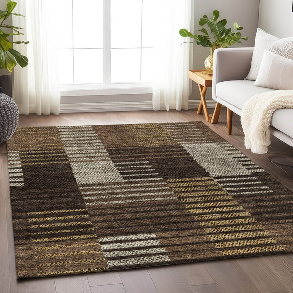 HomeRoots 8' X 10' Washable Area Rug in Chocolate, Beige & Gold Stripes - UV Protected, Durable & Easy-Care Design 675658