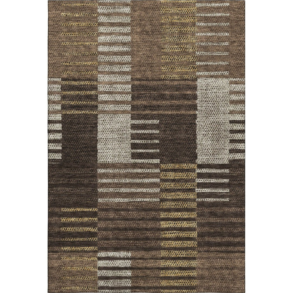 HomeRoots 8' X 10' Washable Area Rug in Chocolate, Beige & Gold Stripes - UV Protected, Durable & Easy-Care Design 675658