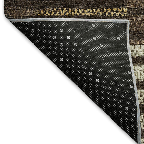 HomeRoots 8' X 10' Washable Area Rug in Chocolate, Beige & Gold Stripes - UV Protected, Durable & Easy-Care Design 675658
