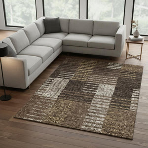 HomeRoots 9' Chocolate Beige and Gold Striped Washable Area Rug - Durable, Stain-Resistant, UV Protected Elegance 675659