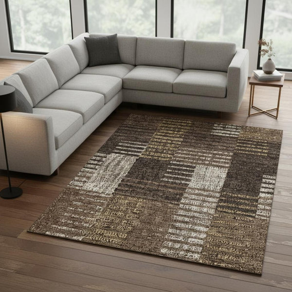 HomeRoots 9' Chocolate Beige and Gold Striped Washable Area Rug - Durable, Stain-Resistant, UV Protected Elegance 675659