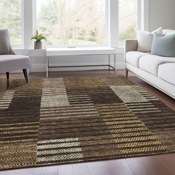 HomeRoots 9' Chocolate Beige and Gold Striped Washable Area Rug - Durable, Stain-Resistant, UV Protected Elegance 675659