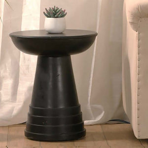 English Elm Modern Pedestal Side Table with White Marble Top and Fluted Mango Wood Base — Chic Compact Accent Piece Black 22 L x 19 W x 19 H B2741P286133