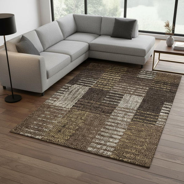 HomeRoots 10' Chocolate Beige and Gold Striped Washable Area Rug - Durable, UV-Protected, Stain-Resistant Charm 675660