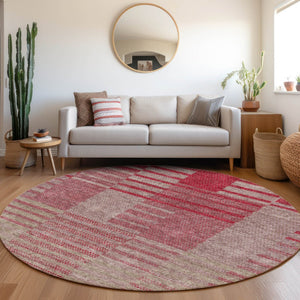 HomeRoots 8' Burgundy and Gray Striped Washable Round Rug - UV Protected, Stain Resistant, Perfect for Homes! 675663