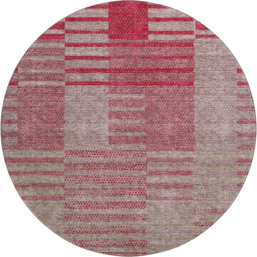 HomeRoots 8' Burgundy and Gray Striped Washable Round Rug - UV Protected, Stain Resistant, Perfect for Homes! 675663