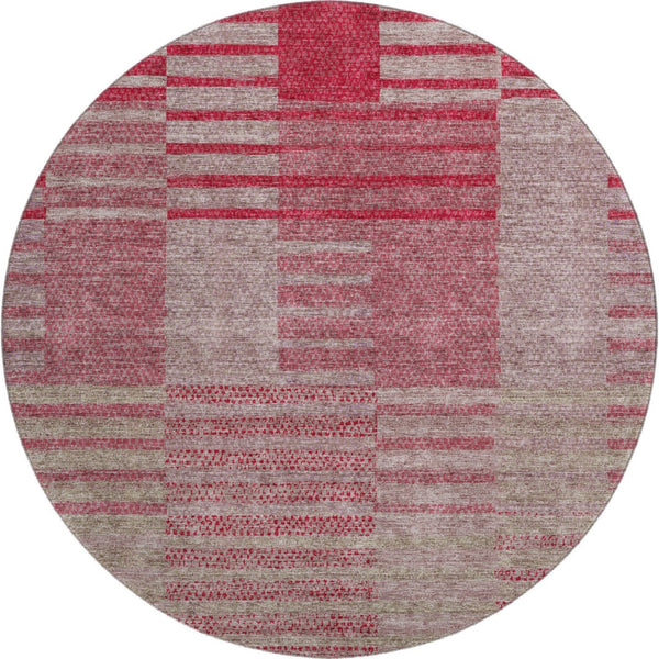 HomeRoots 8' Burgundy and Gray Striped Washable Round Rug - UV Protected, Stain Resistant, Perfect for Homes! 675663