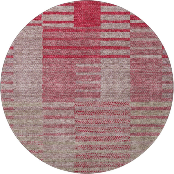 HomeRoots 8' Burgundy and Gray Striped Washable Round Rug - UV Protected, Stain Resistant, Perfect for Homes! 675663