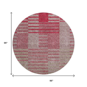 HomeRoots 8' Burgundy and Gray Striped Washable Round Rug - UV Protected, Stain Resistant, Perfect for Homes! 675663