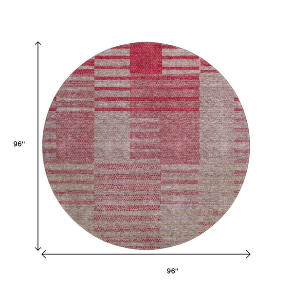 HomeRoots 8' Burgundy and Gray Striped Washable Round Rug - UV Protected, Stain Resistant, Perfect for Homes! 675663