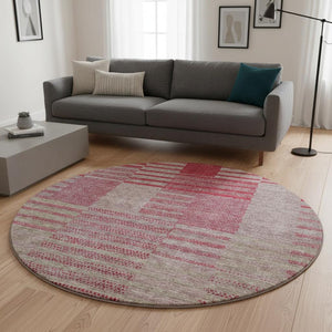 HomeRoots 8' Burgundy and Gray Striped Washable Round Rug - UV Protected, Stain Resistant, Perfect for Homes! 675663