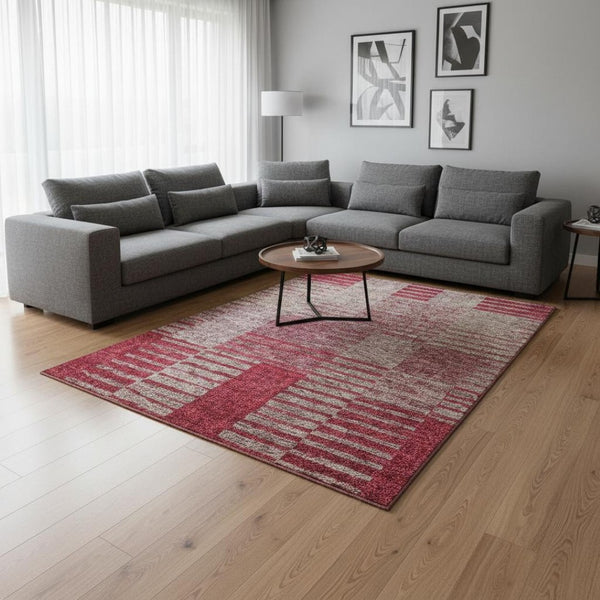 HomeRoots 8' X 10' Burgundy and Gray Striped Washable Area Rug with UV Protection for Indoor & Outdoor Use 675664
