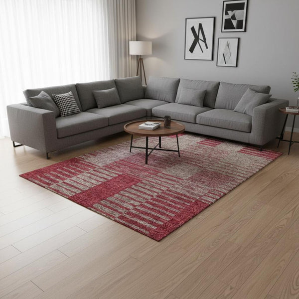 HomeRoots 9' X 12' Burgundy and Gray Striped Area Rug - Durable, Washable Design with UV Protection for Homes 675665
