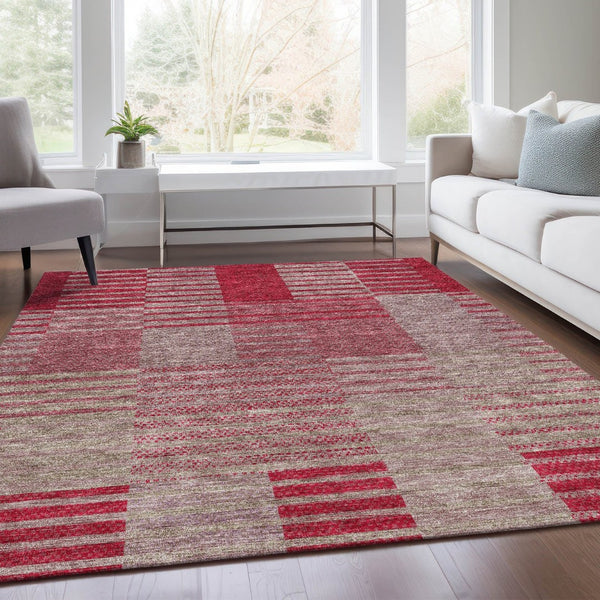 HomeRoots 10' Burgundy and Gray Striped Washable Area Rug - UV Protected, Stain-Resistant, Ideal for Families 675666