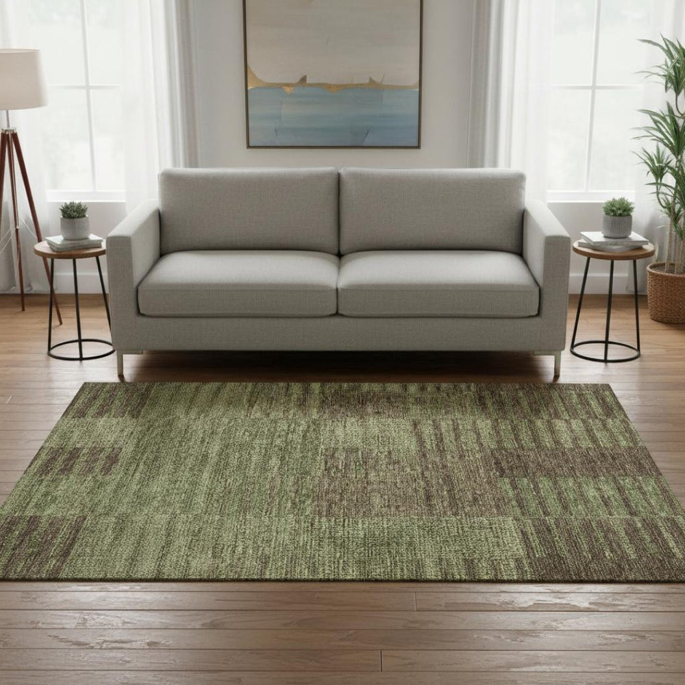 HomeRoots 5' X 8' Versatile Coffee and Green Striped Washable Area Rug with UV Protection for High Traffic Areas 675668