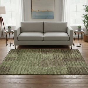 HomeRoots 5' X 8' Versatile Coffee and Green Striped Washable Area Rug with UV Protection for High Traffic Areas 675668