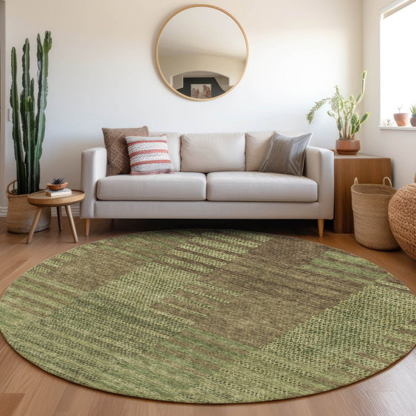 HomeRoots 8' Coffee and Green Striped Round Rug – UV Protected, Washable, Stain-Resistant for Busy Homes 675669
