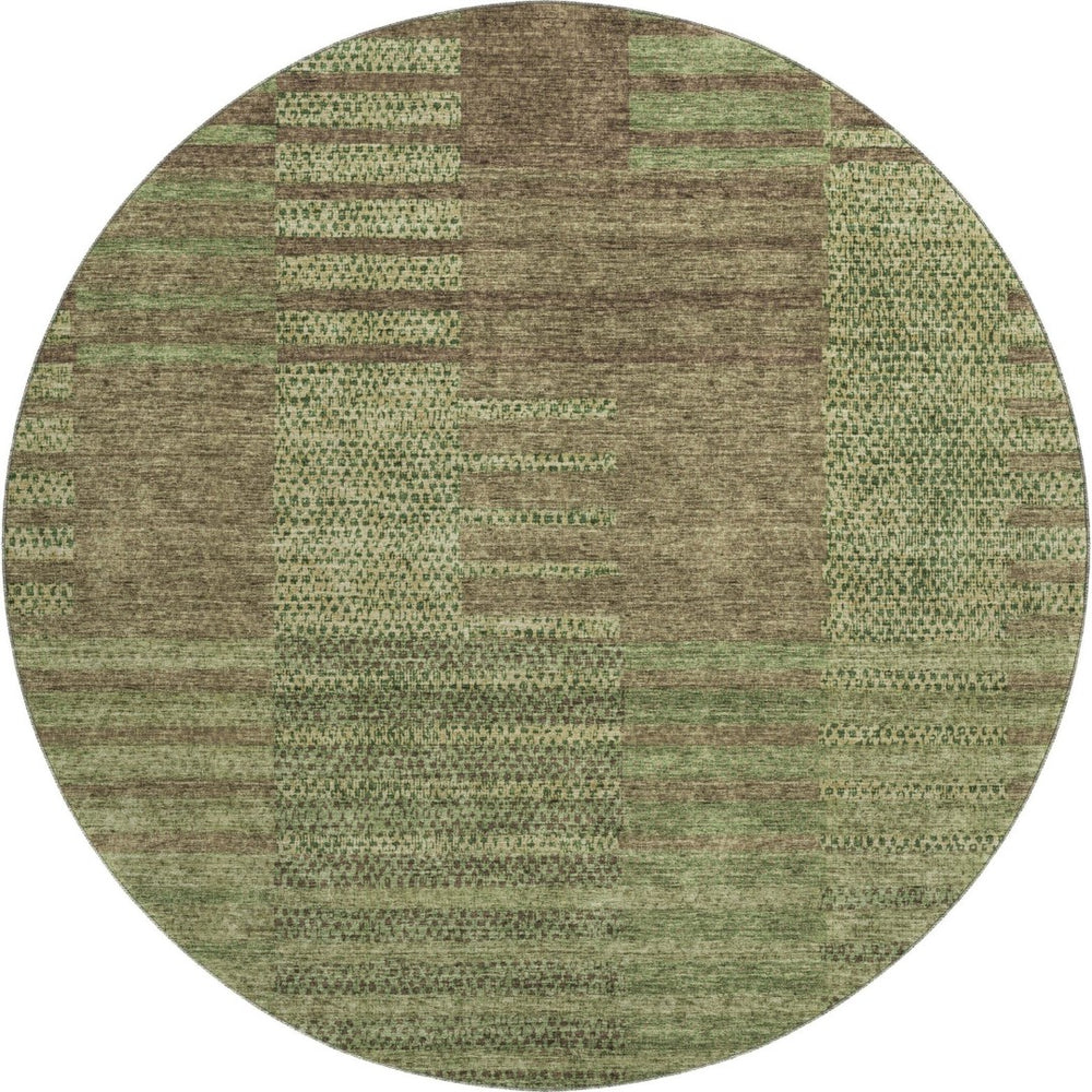 HomeRoots 8' Coffee and Green Striped Round Rug – UV Protected, Washable, Stain-Resistant for Busy Homes 675669