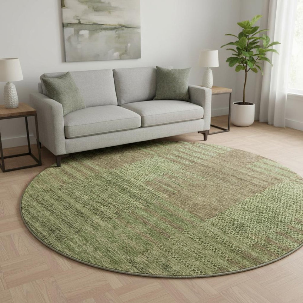 HomeRoots 8' Coffee and Green Striped Round Rug – UV Protected, Washable, Stain-Resistant for Busy Homes 675669