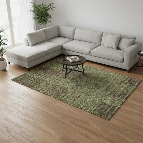 HomeRoots 9' X 12' Versatile Coffee and Green Striped Area Rug – Durable, Washable, UV Protected for Indoor/Outdoor Use 675671