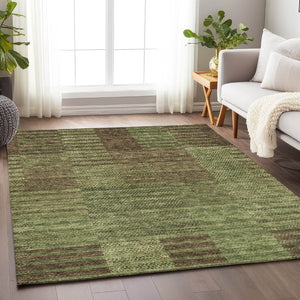 HomeRoots 9' X 12' Versatile Coffee and Green Striped Area Rug – Durable, Washable, UV Protected for Indoor/Outdoor Use 675671
