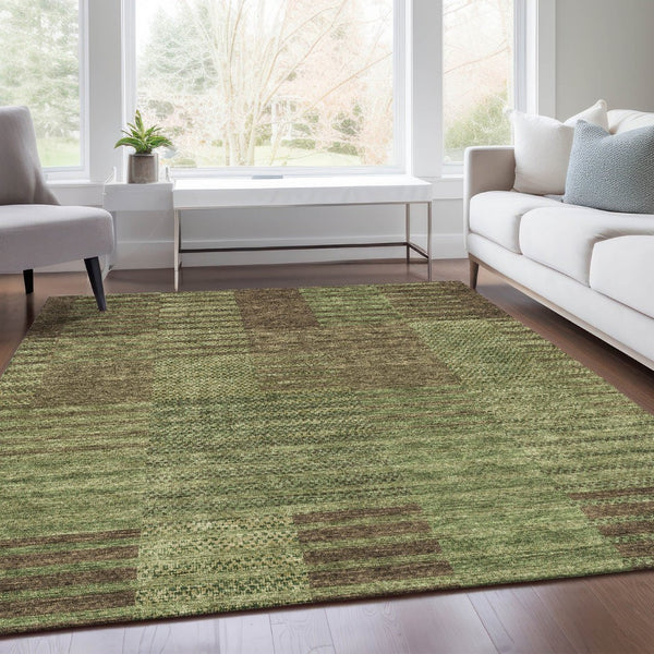 HomeRoots 9' X 12' Versatile Coffee and Green Striped Area Rug – Durable, Washable, UV Protected for Indoor/Outdoor Use 675671