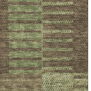 HomeRoots 9' X 12' Versatile Coffee and Green Striped Area Rug – Durable, Washable, UV Protected for Indoor/Outdoor Use 675671