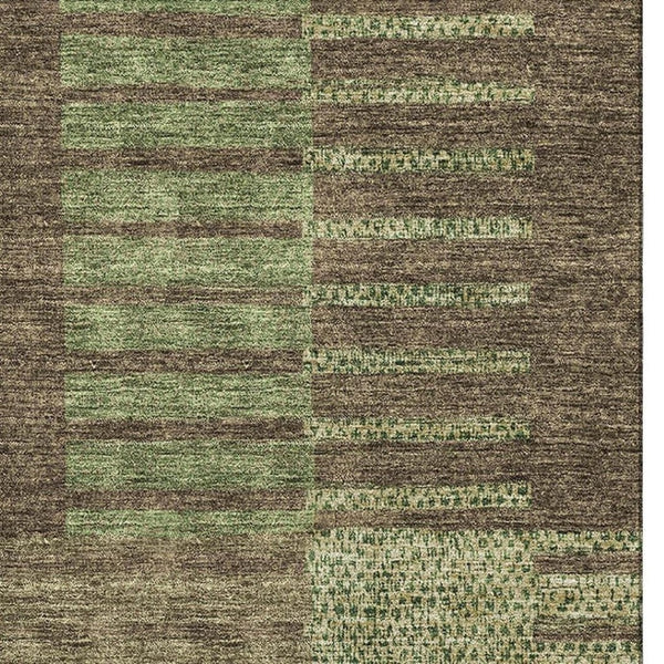 HomeRoots 9' X 12' Versatile Coffee and Green Striped Area Rug – Durable, Washable, UV Protected for Indoor/Outdoor Use 675671