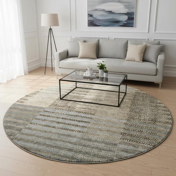 HomeRoots 8' Stylish Taupe Beige & Gray Striped Round Rug - Durable, Washable, UV Protected for Busy Homes 675675