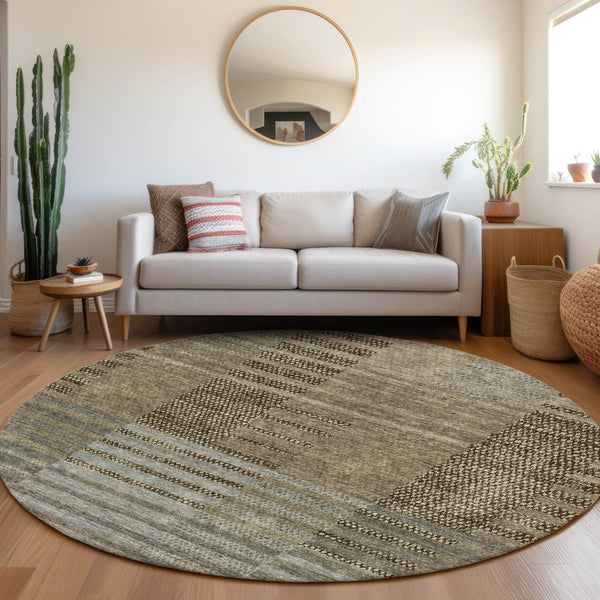 HomeRoots 8' Stylish Taupe Beige & Gray Striped Round Rug - Durable, Washable, UV Protected for Busy Homes 675675