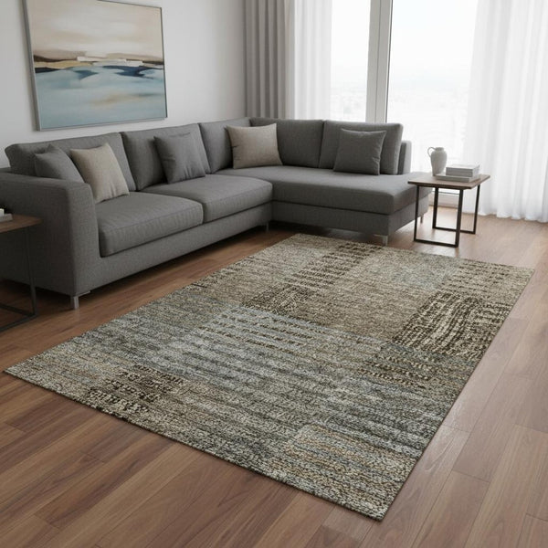 HomeRoots 9' X 12' Taupe Beige & Gray Striped Area Rug – Washable, UV-Protected, Durable for Family Spaces 675677