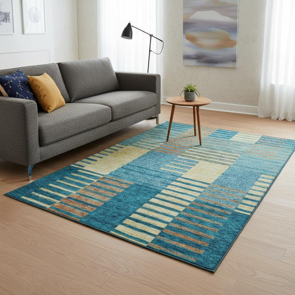 HomeRoots 5' X 8' Vibrant Teal, Orange & Gold Striped Area Rug - Washable, UV Protected, Durable & Stylish! 675680