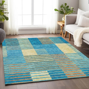 HomeRoots 5' X 8' Vibrant Teal, Orange & Gold Striped Area Rug - Washable, UV Protected, Durable & Stylish! 675680