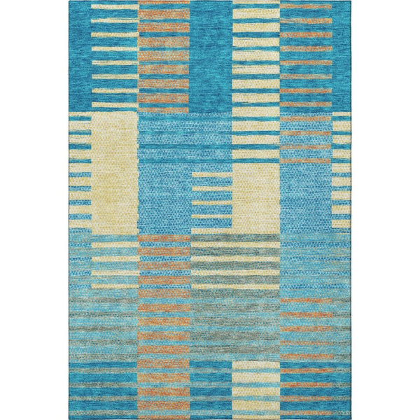 HomeRoots 5' X 8' Vibrant Teal, Orange & Gold Striped Area Rug - Washable, UV Protected, Durable & Stylish! 675680
