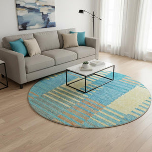 HomeRoots 8' Vibrant Teal, Orange & Gold Striped Washable Round Rug - UV Protected, Durable & Stylish Design 675681