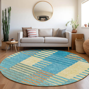 HomeRoots 8' Vibrant Teal, Orange & Gold Striped Washable Round Rug - UV Protected, Durable & Stylish Design 675681