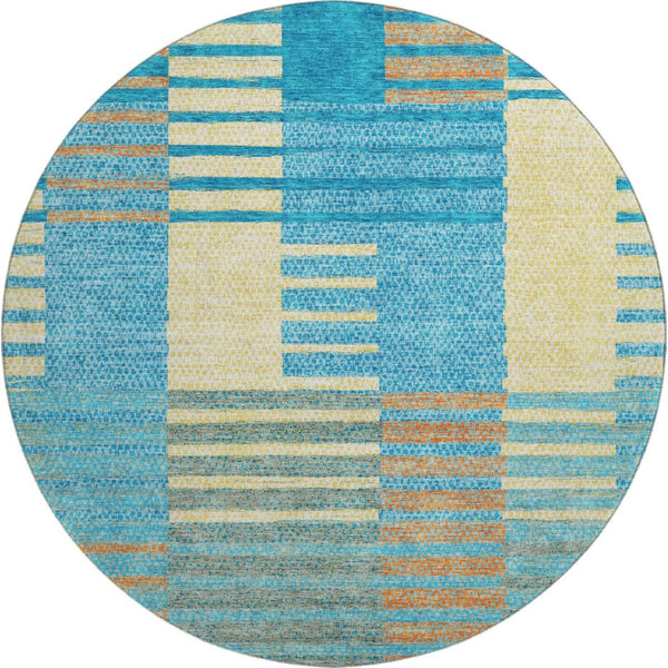HomeRoots 8' Vibrant Teal, Orange & Gold Striped Washable Round Rug - UV Protected, Durable & Stylish Design 675681