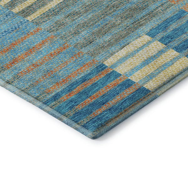 HomeRoots 8' Vibrant Teal, Orange & Gold Striped Washable Round Rug - UV Protected, Durable & Stylish Design 675681