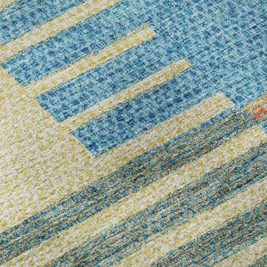 HomeRoots 8' Vibrant Teal, Orange & Gold Striped Washable Round Rug - UV Protected, Durable & Stylish Design 675681