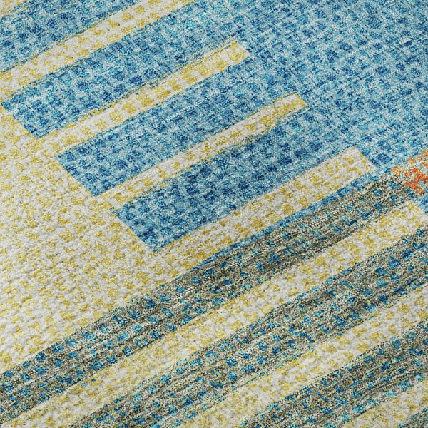 HomeRoots 8' Vibrant Teal, Orange & Gold Striped Washable Round Rug - UV Protected, Durable & Stylish Design 675681