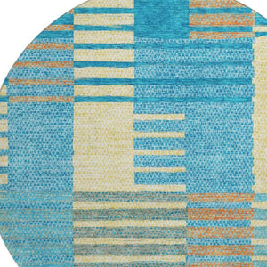 HomeRoots 8' Vibrant Teal, Orange & Gold Striped Washable Round Rug - UV Protected, Durable & Stylish Design 675681