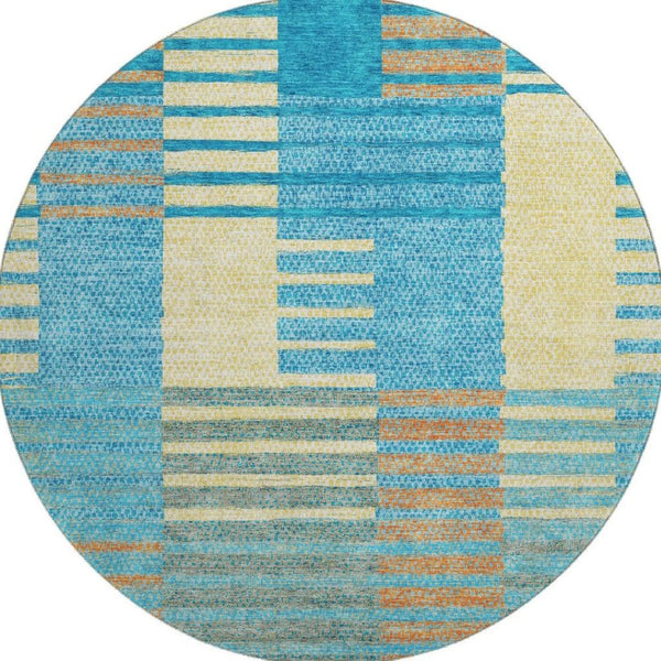 HomeRoots 8' Vibrant Teal, Orange & Gold Striped Washable Round Rug - UV Protected, Durable & Stylish Design 675681