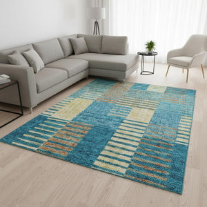 HomeRoots 8' X 10' Striking Teal, Orange & Gold Striped Washable Area Rug with UV Protection for Durability 675682