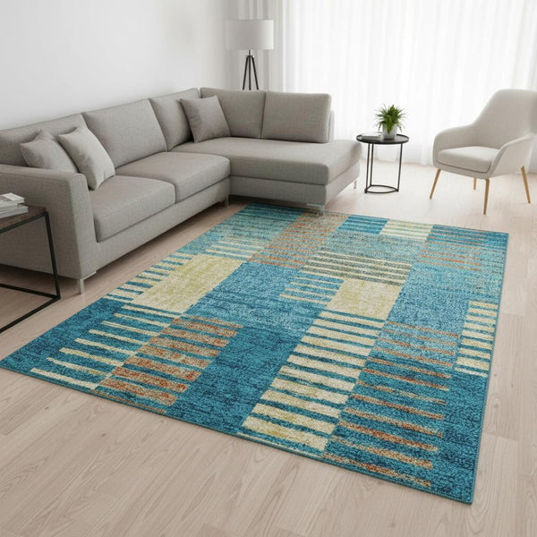 HomeRoots 8' X 10' Striking Teal, Orange & Gold Striped Washable Area Rug with UV Protection for Durability 675682
