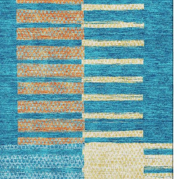 HomeRoots 8' X 10' Striking Teal, Orange & Gold Striped Washable Area Rug with UV Protection for Durability 675682