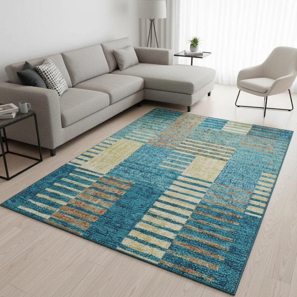 HomeRoots 9' Striped Teal, Orange & Gold Washable Area Rug with UV Protection - Perfect for Family Living Spaces! 675683