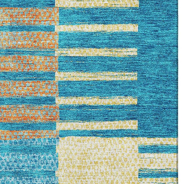 HomeRoots 9' Striped Teal, Orange & Gold Washable Area Rug with UV Protection - Perfect for Family Living Spaces! 675683